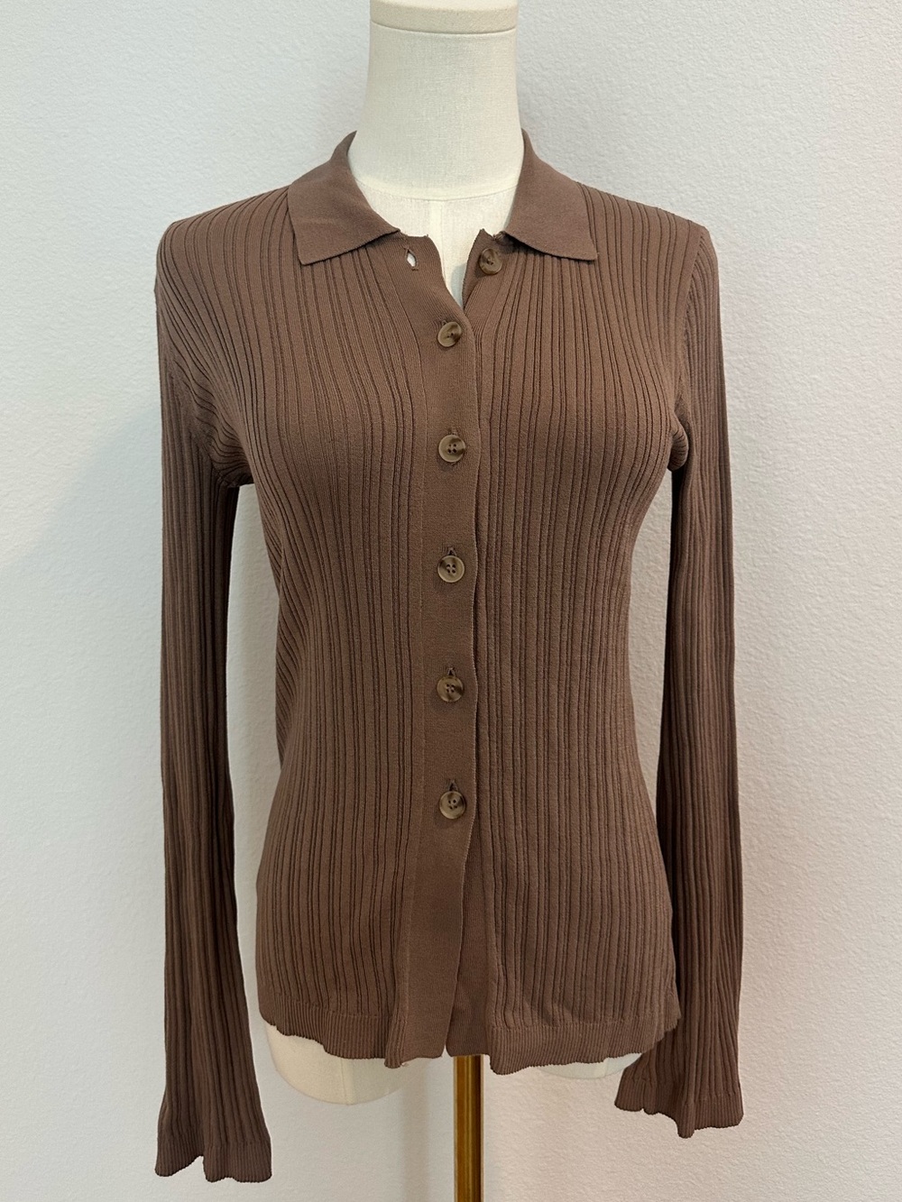 ABLE XS Ribbed Knit Button Front Collared Top Taupe Brown Bell Sleeve Stretch